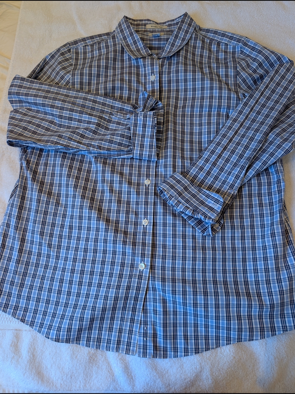 LL Bean Wrinkle Free Button Down Shirt Womens 1X Blue Pink Plaid Long Sleeve